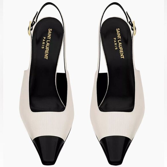 Saint Laurent YSL Ines Slingback Buckle Ivory & Black Leather Heels 40 EU 10 US - Picture 10 of 10